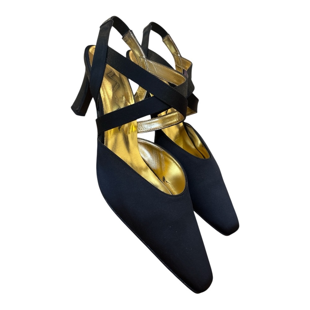 VINTAGE NINA SATIN BLACK CRISS CROSS STRAPY 3" HEELS W GOLD TONE LINED SZ 9